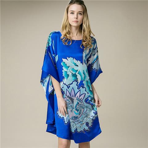 100%桑蚕丝大码连衣裙夏季女士正宗杭州丝绸真丝睡袍短袖蝙蝠清货