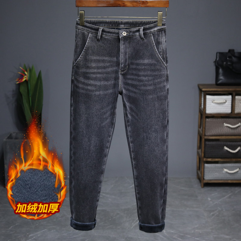 加绒加厚棉弹牛仔裤男士冬季保暖休闲中腰直筒青年抗皱小脚长裤子
