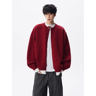 法国Anseola安哥拉红针织衫 男冬假两件毛衣复古慵懒风线衣外 开衫