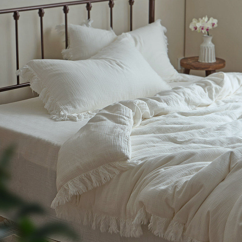 法国LITT日式简约全棉双层纱四件套纯棉花边被套素色高级白色民宿,居家布艺,汗蒸服,淘宝优惠券,粉丝福利购,淘宝优惠卷