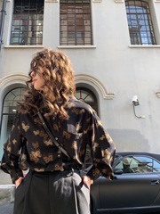 Retro butterfly print collar high waist slim dress