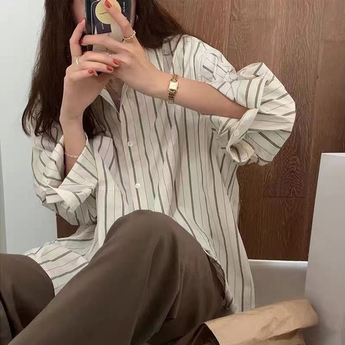 2021 spring women's new long sleeve chic design sense minority top vertical stripe white apricot shirt