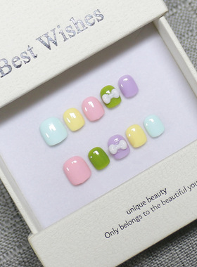 儿童穿戴甲纯手工高级感学生可爱马卡龙跳色美甲贴片可拆卸假指甲