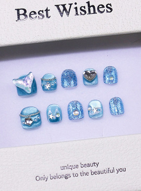 儿童美甲贴片纯手工穿戴甲片小学生高级感蓝色人鱼短款成品假指甲