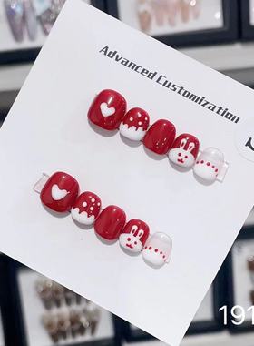 儿童专用美甲贴片女孩短款穿戴甲片年款节日红色可爱假指甲可拆卸