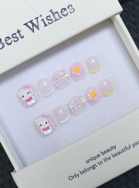 儿童穿戴甲新款纯手工光疗美甲小孩短款可爱KT猫假指甲贴片可拆卸