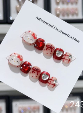 纯手工儿童穿戴甲片短款假指甲小朋友美甲贴新年红色女孩指甲贴片