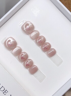 儿童高级感美甲简约日常裸粉色猫眼假指甲小朋友高颜值短款穿戴甲