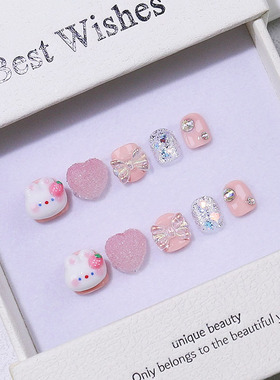 儿童专用美甲贴片纯手工穿戴甲片6-12岁高颜值可爱短款成品假指甲