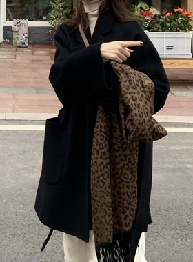 小个子毛呢外套女韩国maybebaby赫本风黑色中长款羊绒双面呢大衣