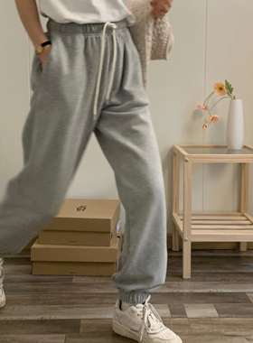 灰色运动裤女束脚冬加绒加厚小个子宽松高腰抽绳卫裤休闲松紧裤子