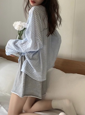 COUUPLE N4蓝色条纹t恤女夏季薄款宽松慵懒防晒罩衫长袖空调上衣