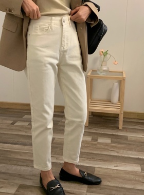 米白色牛仔裤女九分直筒梨形身材秋冬高腰显瘦宽松老爹哈伦萝卜裤