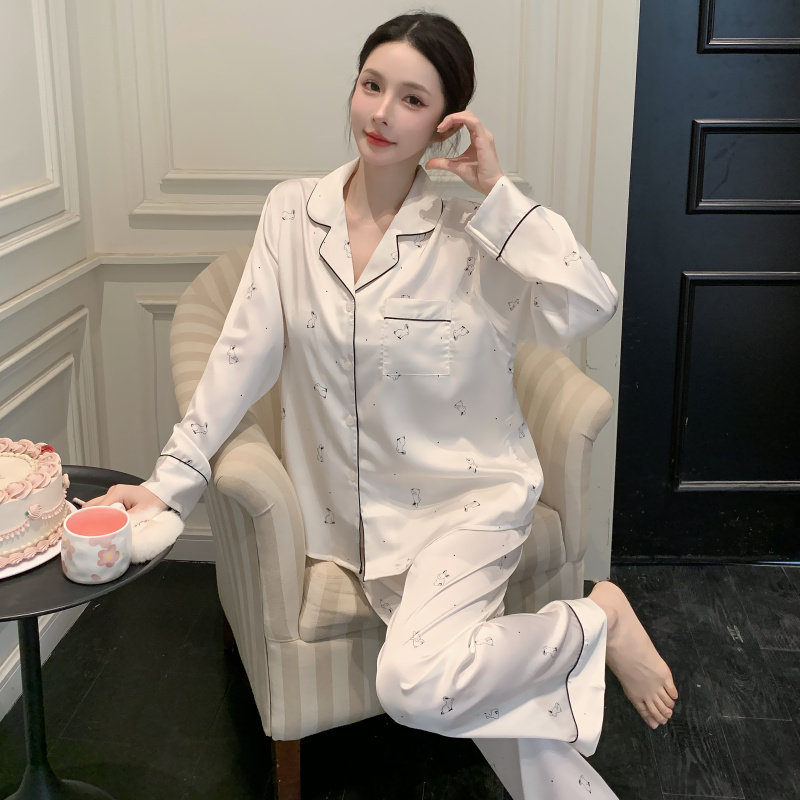 春秋长袖冰雪丝睡衣女甜美少女韩睡衣/家居服套装