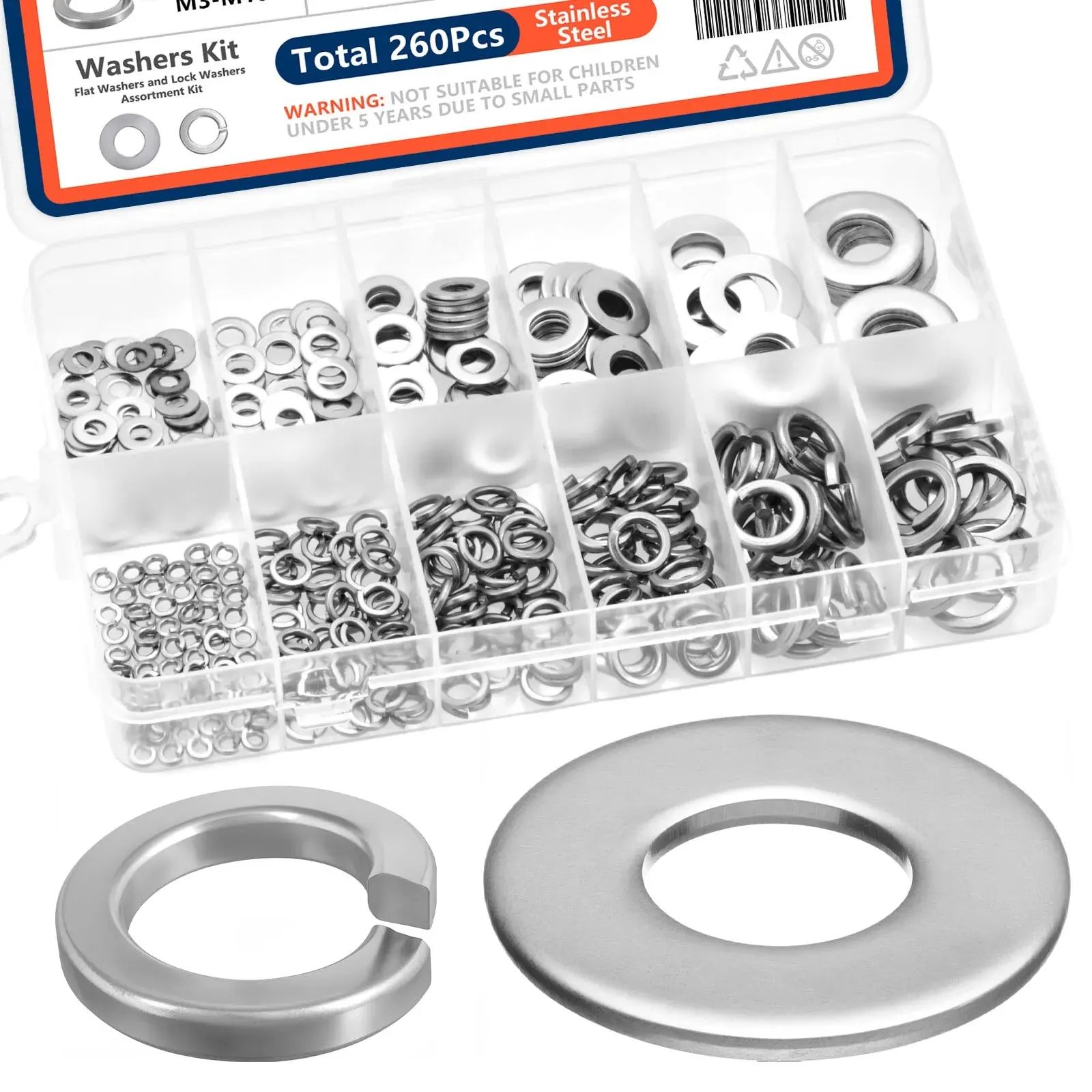 260pcs/95pcs Lock and Flat Washer Assortment Kit Stainless S