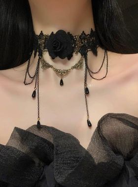 黑色蕾丝脖子配饰装饰项链女项圈流苏吊坠玫瑰花颈带choker暗黑系