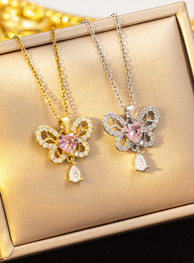 【钛钢】缕空蝴蝶流苏轻奢气质满钻项链女华丽百搭毛衣链饰品