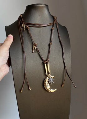 老钱风~中古金色月亮八芒星吊坠项链金属小众独特个性长款毛衣链