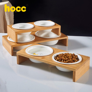 ZOO hocc双碗竹制架陶瓷猫狗碗防滑立脚饮水猫粮食具宠物用品