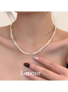 双层珍珠碎银子麻花项链女2023新款爆款小众设计锁骨链