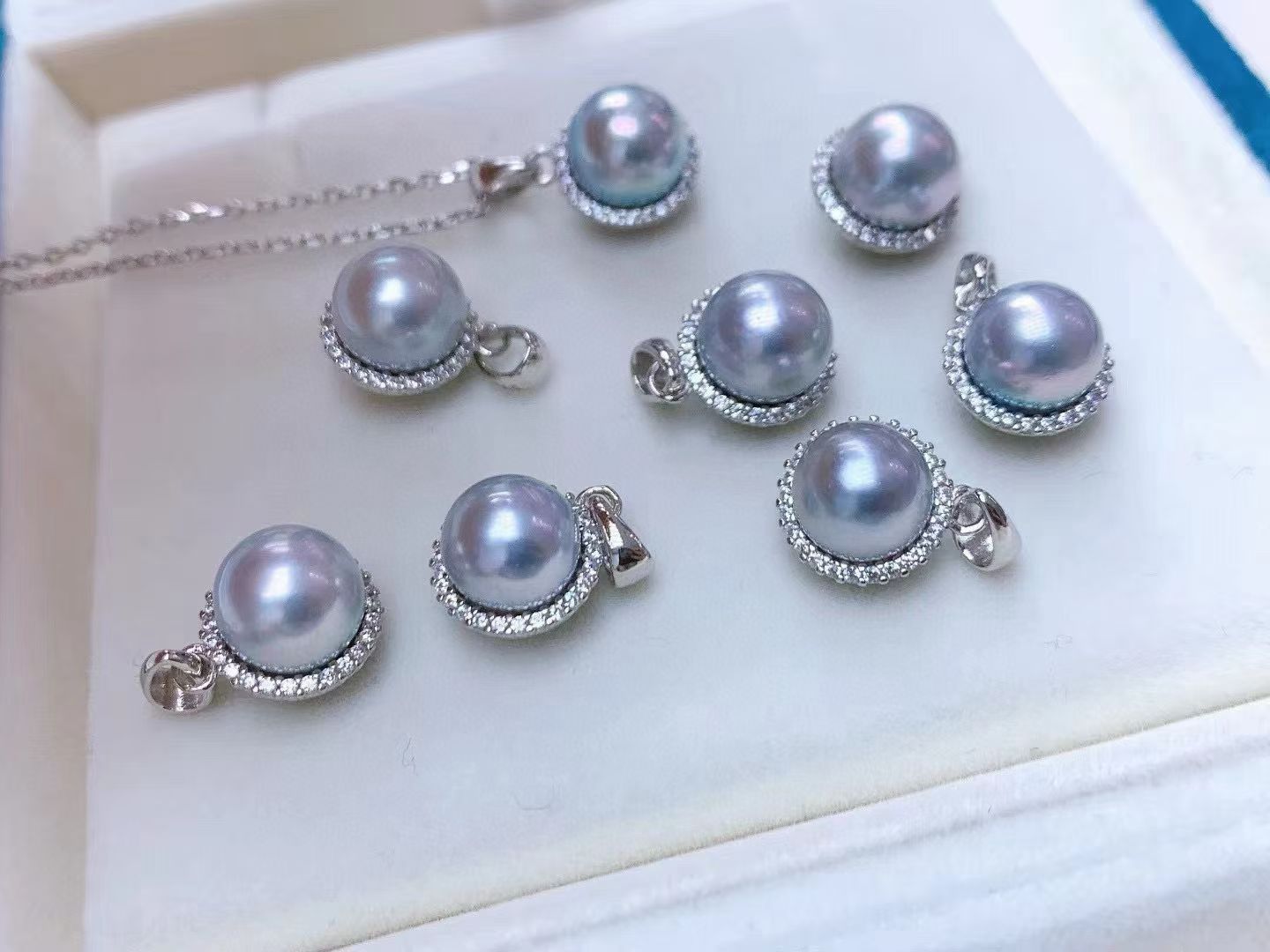 天然海水珍珠无调色真多麻正圆强光s925银太阳花吊坠项链带证书