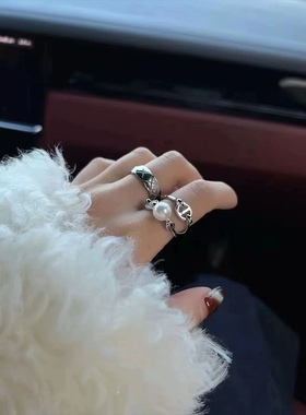 精工925纯银 双层猪鼻子天然淡水珍珠戒指 时尚甜酷指环女 可调