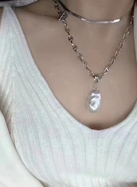 质感猪鼻子纯银项链大巴洛克珍珠吊坠异形珍珠不规则时尚欧美个性