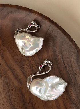 通体纯银天鹅巴洛克珍珠吊坠可搭毛衣链天然淡水珠