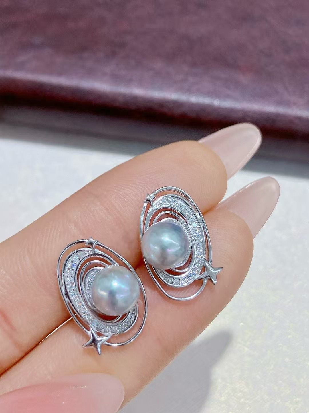 日本海水珍珠akoya耳钉宇宙四芒星精工纯银耳钉耳饰个性小众款