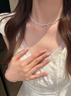 天然淡水小米珠项链莫桑钻小礼服绝美轻奢高级项链手链套装礼盒