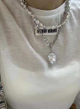 天然极光淡水keshi碎银子项链银蓝冷光巴洛克异形珠小石头银扣