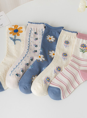 全店满15包邮春秋袜子女中筒袜个性ins潮宽松袜口蓝色复古花朵袜
