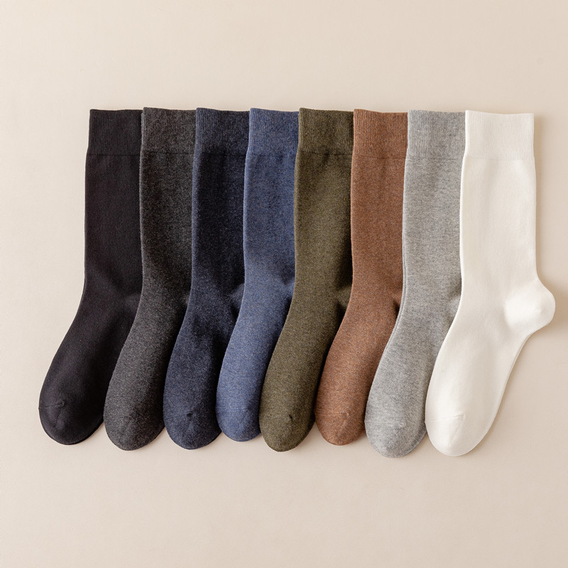秋冬天男士中筒袜纯棉吸汗防臭黑色塞秋裤袜子奶白色长筒男袜全棉
