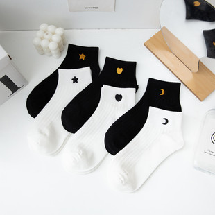 黑色袜子女春夏季 白色低帮短袜刺绣春秋学院风棉袜爱心中筒袜 薄款