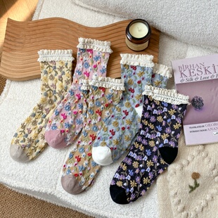全店满15 春秋天袜子女中筒袜民族风复古潮袜小花外穿花边袜 包邮