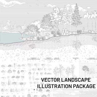 新款线稿风小清新竞赛风植物草灌木地被人物分析图效果图ai素材