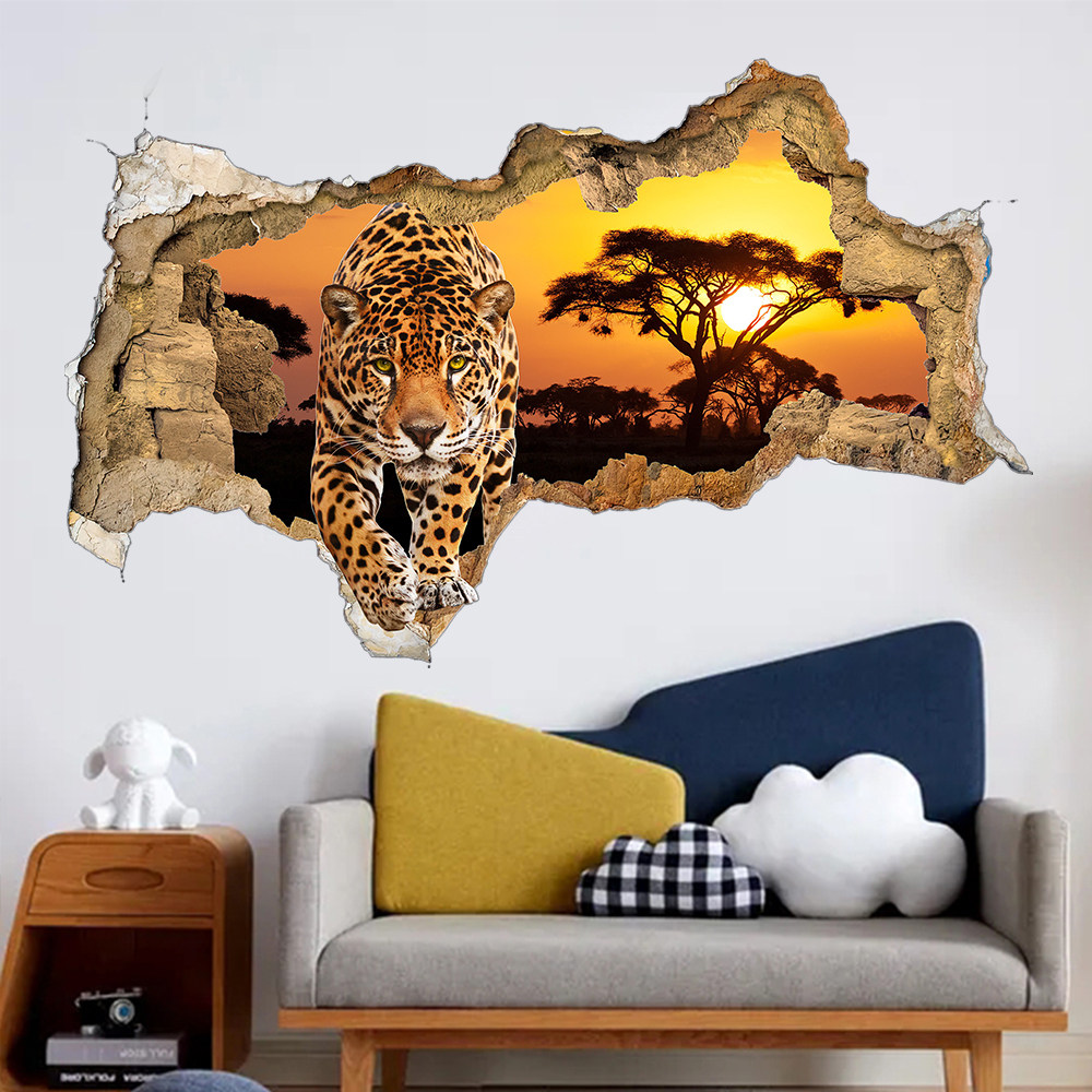 3d立体穿墙凶猛非洲黄昏豹墙贴客厅卧室餐厅静吧 装饰背景贴纸