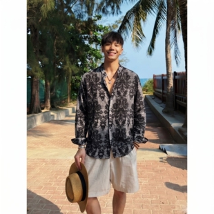 【暗纹花卉】夏季防晒新品男装潮牌男士立领长袖衬衫宽松植绒上衣