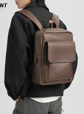 觅旧高级感双肩包男书包14寸16寸通勤皮质电脑男士商务出差背包