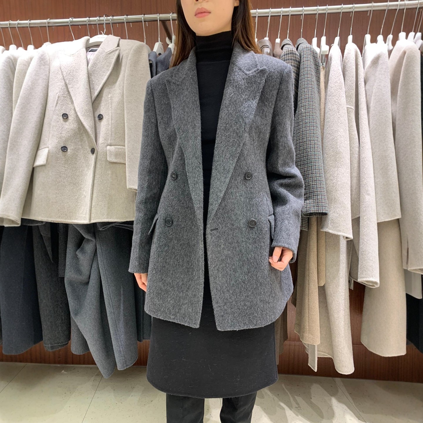 IRENE中长款收腰外套韩国东大门双排扣西装领显瘦气质羊毛呢西服1