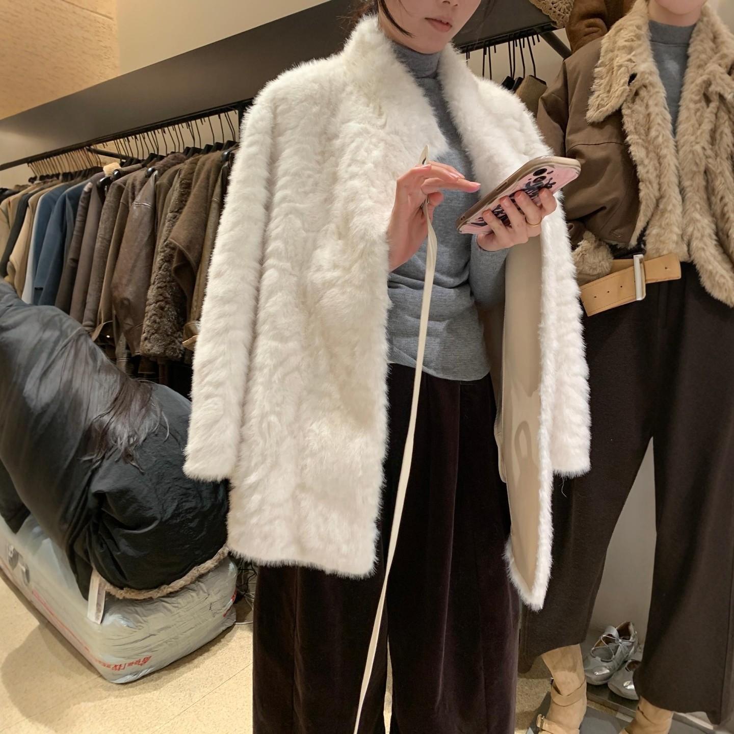 韩国东大门仿皮草外套长袖立领一粒扣宽松显瘦保暖洋气配腰带上衣