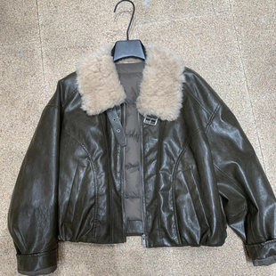 毛领鹅绒服外套女长袖 拉链PU皮防风保暖立领锁扣低调老钱风羽绒服