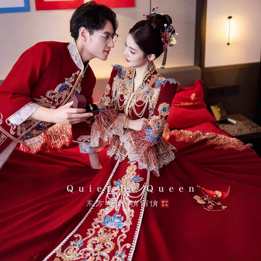 高端丝绒v领秀禾新娘结婚凤冠霞帔小个子中式嫁衣敬酒服连衣裙女