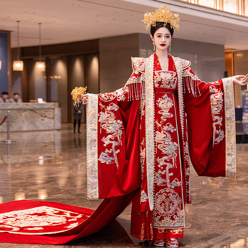 复古唐制汉服凤冠霞帔全套新娘结婚嫁衣中式敬酒大拖尾阔袖长袍