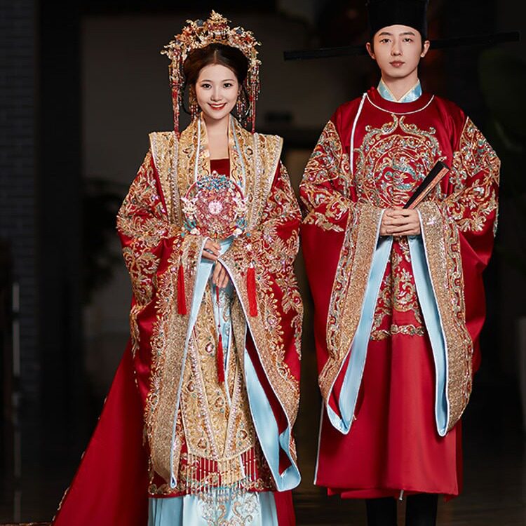 复古唐宋汉服凤冠霞帔新娘中式嫁衣情侣款舞台戏剧阔袖中式长袍