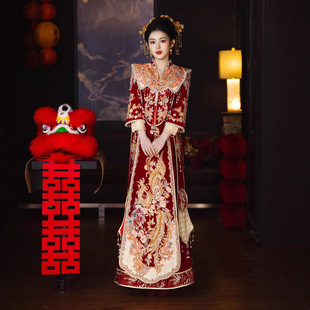 复古丝绒新娘秀禾重工轻奢结婚敬酒服凤冠霞帔中式连衣裙女套装