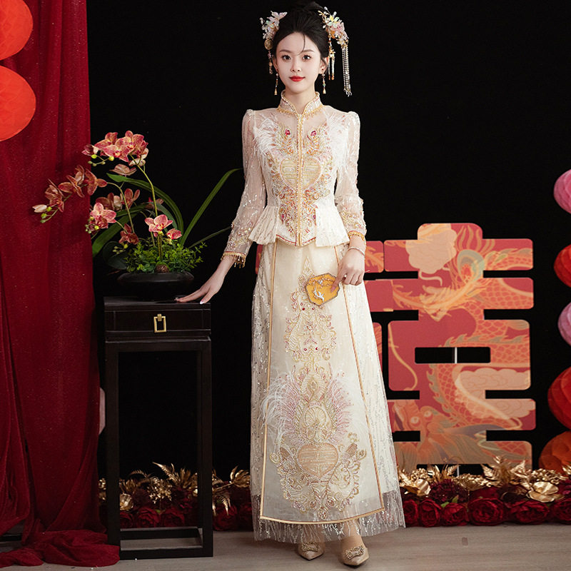 香槟色羽毛秀禾服 出阁婚服2026新款夏季轻奢新式敬酒服女龙凤褂