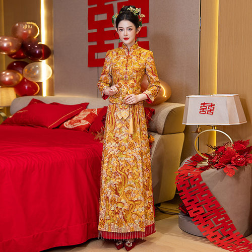 复古宫庭感龙凤褂长裙套装女秀禾新娘金色中式敬酒出嫁结婚礼服