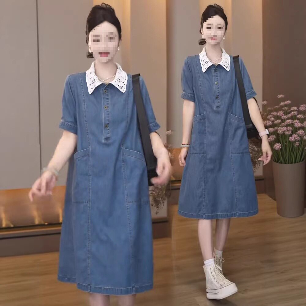 时尚休闲舒适天丝牛仔连衣裙女夏季新品洋气宽松蕾丝翻领中长款潮