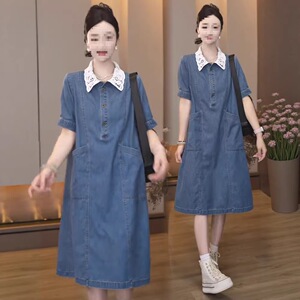 时尚休闲舒适天丝牛仔连衣裙女夏季新品洋气宽松蕾丝翻领中长款潮